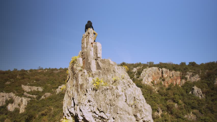 The majestic scene unfolds in 6K clarity as a climber achieves the summit, standing atop a jagged rock peak. The expansive blue sky above and the lush greenery below frame this moment of