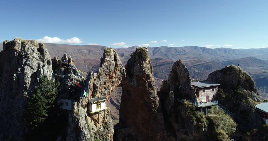Aerial footage landscape in zizhu temple in Tibet,China