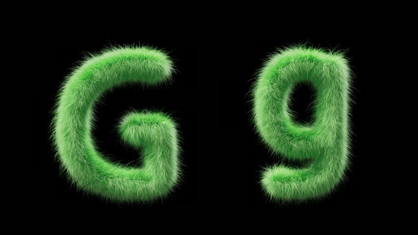 3D animation of a uppercase and lowercase grassy letter G. Sign in the style of field grass. The file contains an Alpha Channel. ProRes4 RGBA