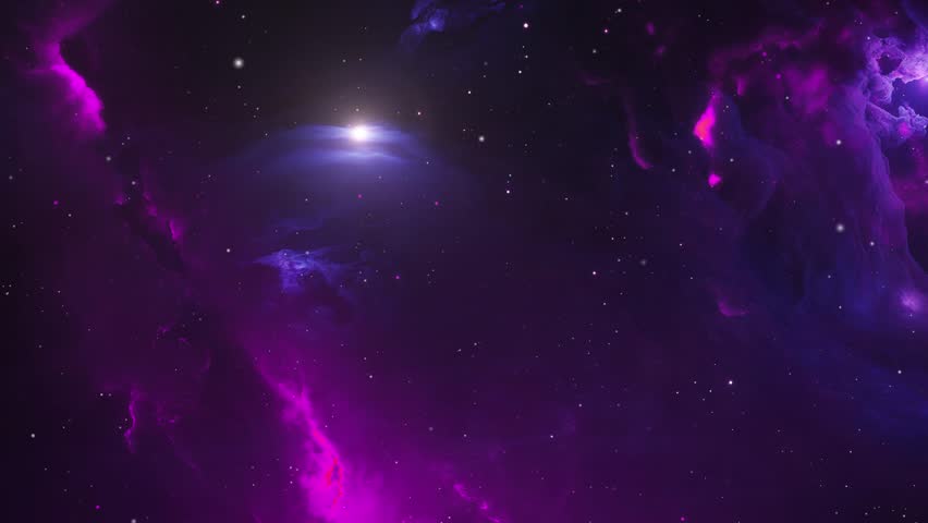 a bright star shines among the purple nebula in the universe.