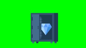 Save a diamond, talent, idea. A large blue diamond is locked in a metal safe. Set of treasure in safe. Gem. Metal safe, deposit box, diamond. 2d flat animation. Alpha channel. Chroma key. Green screen