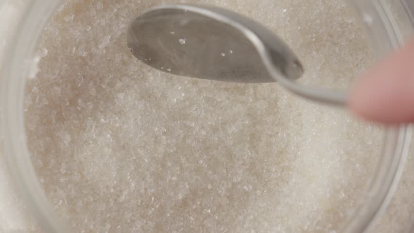 Spoon Taking White Granulated Sugar From Container Then Pouring It, Top Down Shot Royalty-Free Stock Footage #3472441061