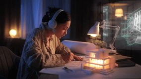A Young Beautiful Woman Architect is Working on a Model of a House at her Home. Female architect Creates Technical Drawings Using Holographic Screens and Augmented Reality - Powered by Shutterstock - Get 15% off with code: PIKWIZARD15