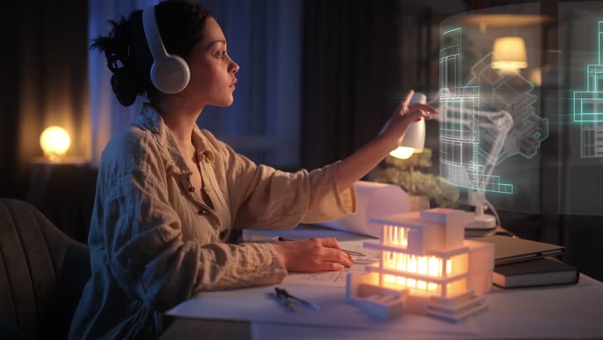 A Young Beautiful Woman Architect is Working on a Model of a House at her Home. Female architect Creates Technical Drawings Using Holographic Screens and Augmented Reality - Powered by Shutterstock - Get 15% off with code: PIKWIZARD15