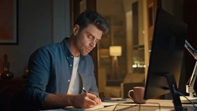 Online man studying pc night home looking screen closeup. Serious student making notes in copybook sitting desk with computer. Focused freelancer taking internet course watching display video lesson - Powered by Shutterstock - Get 15% off with code: PIKWIZARD15