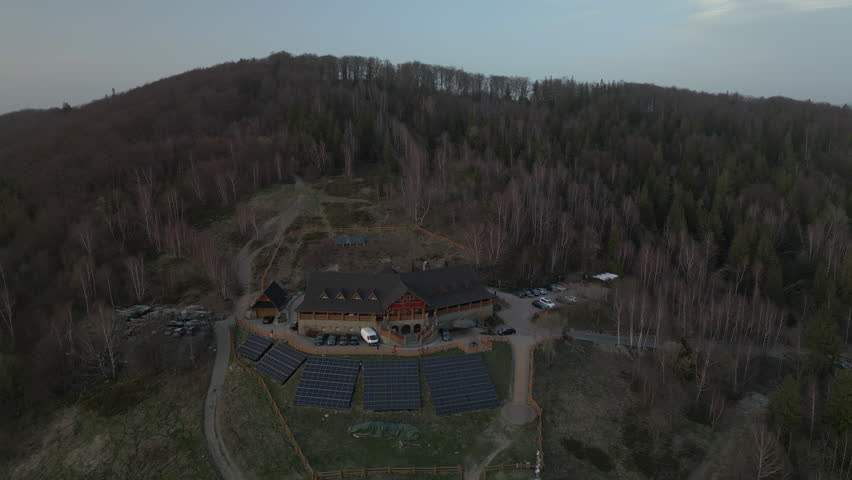 A beautiful aerial view, early spring day over the top of Rownica peak in the Silesian Beskids.