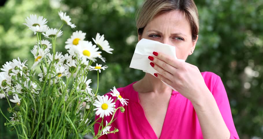 Young woman with hay fever blowing her nose in napkin near chamomile flowers 4k movie. Allergic diseases concept Royalty-Free Stock Footage #3472523519