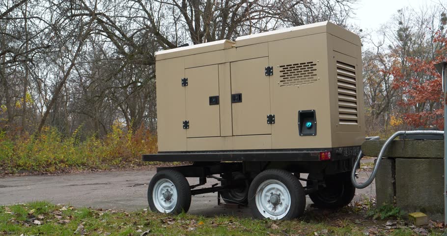 Mobile trailer diesel powered generator with four wheels. Source of electric energy. Mobile trailer type power station is an independent, complete power generation device and system