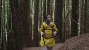 Smiling young Latin woman with yellow jacket walking through a dense forest among big trees enjoying his vacations on Nature. People hiking in the mountains in the woodland. Slow motion video