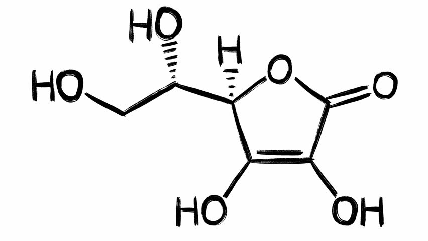 Vitamin C set with chemical formula and molecular structure in scribble hand drawn black animation against white background. Scientific and chemistry research of ascorbic acid used in pharmaceuticals.