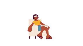 Black woman with wet cloth in armchair 2D character animation. Refreshing at heatwave flat cartoon 4K video, transparent alpha channel. Relaxing female animated person on white background