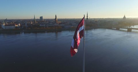 Riga city Old Down Town Autumn Drone Flight day time Flag