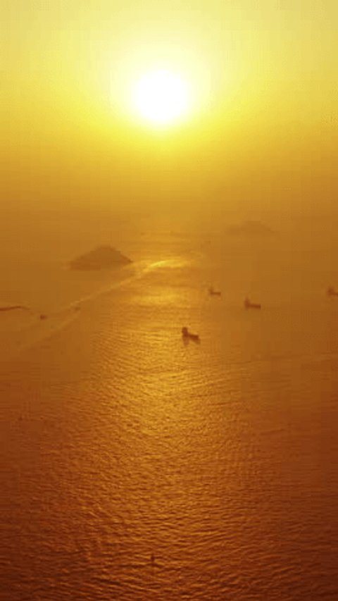 Aerial view of Hong Kong and sea with ships at sunset, timelapse. Vertical video: film stockowy