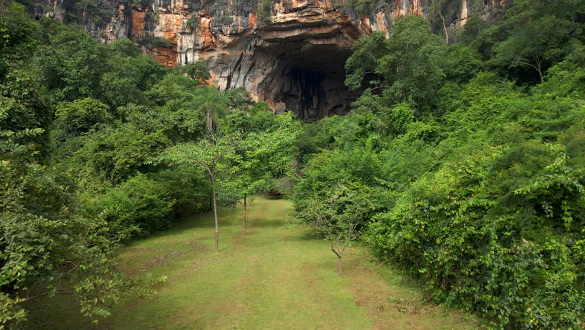 Open cave in lush foret. Terra Ronca National Park in Goias, Brazil. Aerial View