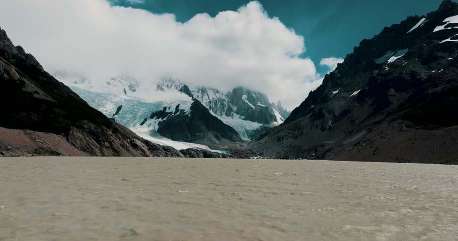 Laguna Torre Glacier-fed Lake Down The Cerro Torre Peak In El Chalten, Patagonia, Argentina. Wide Shot