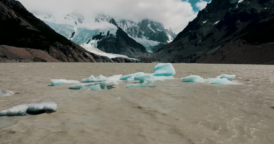 Laguna Torre And Cerro Torre Peak In Los Glaciares National Park, El Chalten, Patagonia Argentina. Aerial Dolly Shot