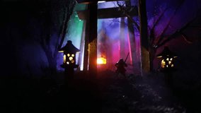 Creative artwork decoration. Abstract Japanese style wooden tunnel at night. Night scene in fantasy forest. Selective focus - Powered by Shutterstock - Get 15% off with code: PIKWIZARD15