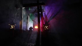 Creative artwork decoration. Abstract Japanese style wooden tunnel at night. Night scene in fantasy forest. Selective focus - Powered by Shutterstock - Get 15% off with code: PIKWIZARD15