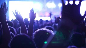 Shot of some cheering fans at a concert, slow motion, some visible noise due high ISO, soft focus, also normal speed version of this video available in my portfolio