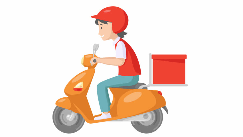 Delivery man riding a scooter with delivery box. food delivery service, animation video with alpha channel.