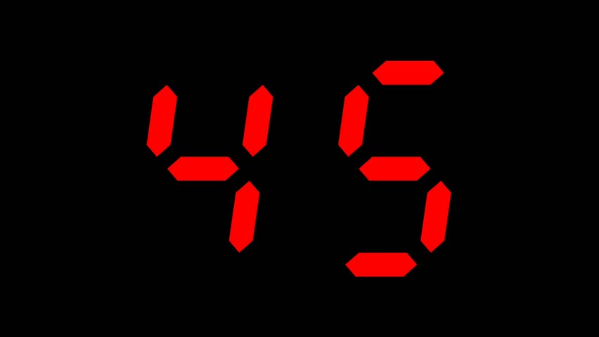 45 seconds countdown timer digital animation from 45 to 0 seconds with red numbers on black background, suitable for concepts of time, technology, urgency, and deadlines