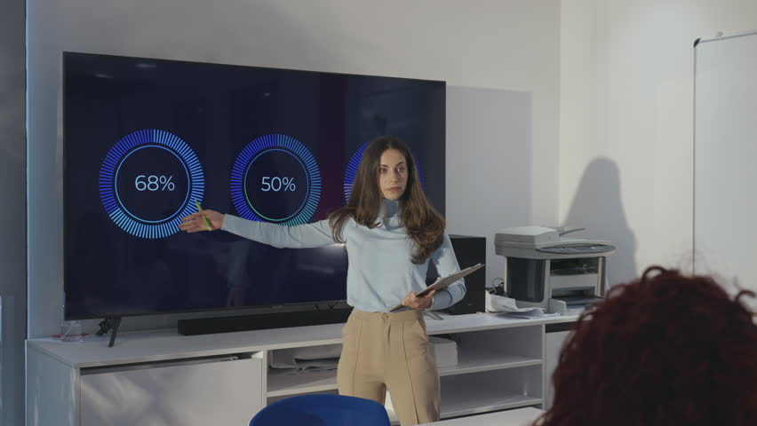 Smiling caucasian woman team leader present project to its diverse colleagues while standing in a boardroom and holding clipboard. Portrait of an successful businesswoman holding a meeting.