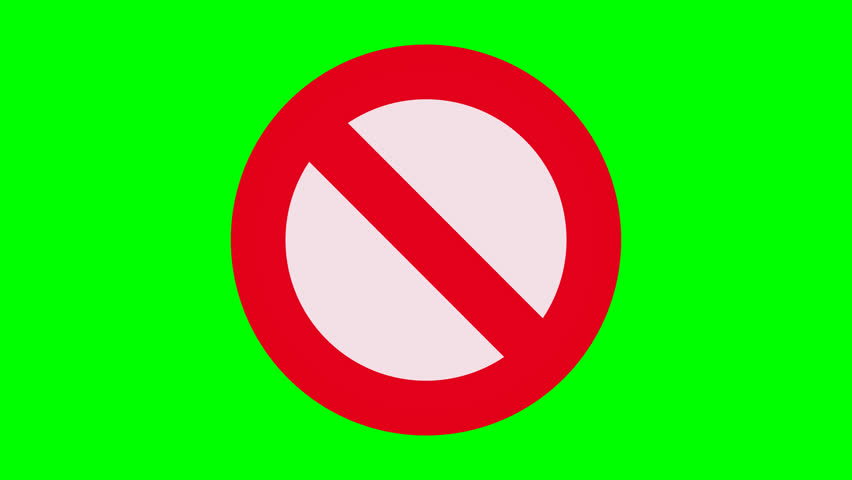 Appearance of the red crossed out circular and white prohibition symbol coming from the front on a green screen, transparent background with alpha channel