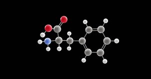 Phenylalanine molecule, rotating 3D model of alpha-amino acid, looped video on a black background