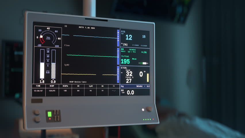 Device is checking the status of the patients life signs at a clinic. Device is detecting a quick decline of the patients life markers at a clinic. Device showing the end of patients life at a clinic.