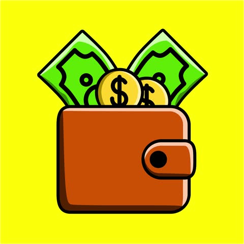 brown wallet with money and coin cartoon