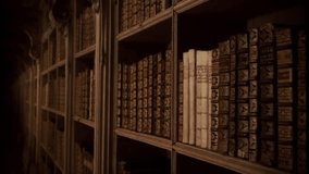 Old Books Library Bookshelves Vintage film Effect Tracking Shot. Camera walking through an old library corridor between bookshelves, vintage film texture. Tracking shot - Powered by Shutterstock - Get 15% off with code: PIKWIZARD15