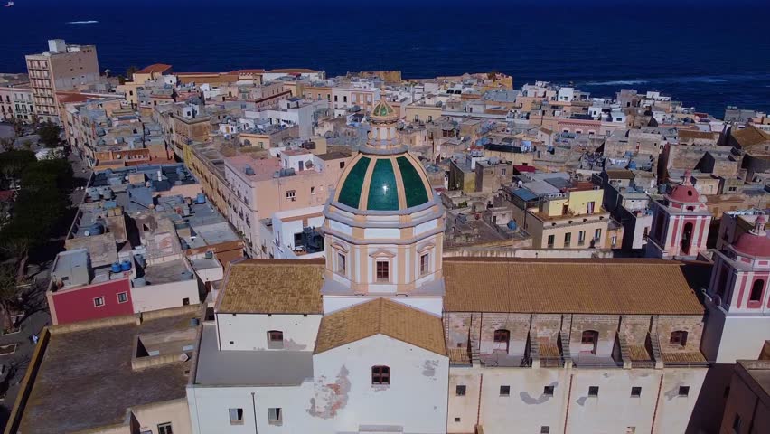 Sicily. Drone view of the peninsula, the city of Trapani. Church, streets. Royalty-Free Stock Footage #3473227577