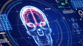  Brain x-ray image and medical data displayed by hologram HUD screen. Concepts of health science, medicine and technology, Video size 4K 16:9