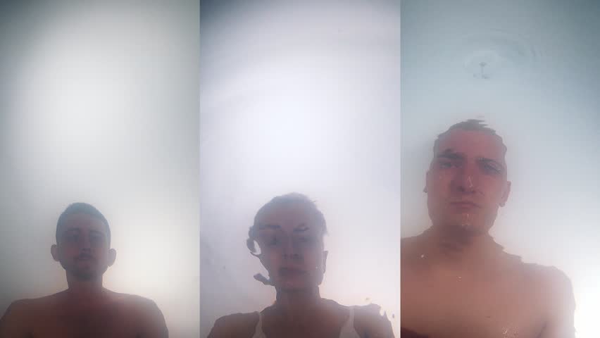 Collage. Men and women diving into water and expressing diversity of emotions. Shocked, smiling, positive faces. Concept of human emotions, facial expression