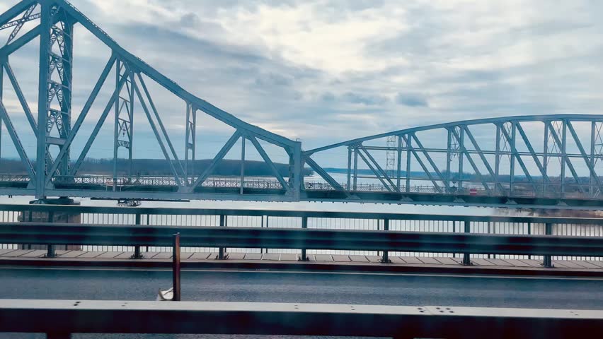Train journey across the River Danube at Fetești, Romania