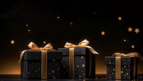 Happy Holidays Greetings, Golden Text and Gift Boxes, Share holiday joy with golden text and beautifully wrapped gift boxes against a black and gold background, conveying warm wishes for happy - Powered by Shutterstock - Get 15% off with code: PIKWIZARD15