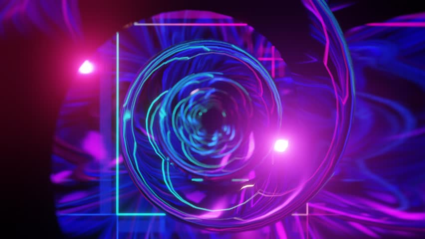 Abstract background 3D animation moving through shiny glass metal and neon lights tunnel, loop.