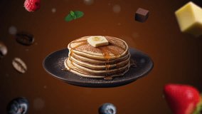 Regular Pancakes with honey Animation intro for advertising or marketing on dark orange backgroun for restaurants with the ingredients of the dessert flying in the air - add price or sale - Powered by Shutterstock - Get 15% off with code: PIKWIZARD15