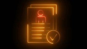 Glowing neon line icon isolated on black background. Symbol of confirmation of personal data or id card, cv concept. 4K video animation graphics