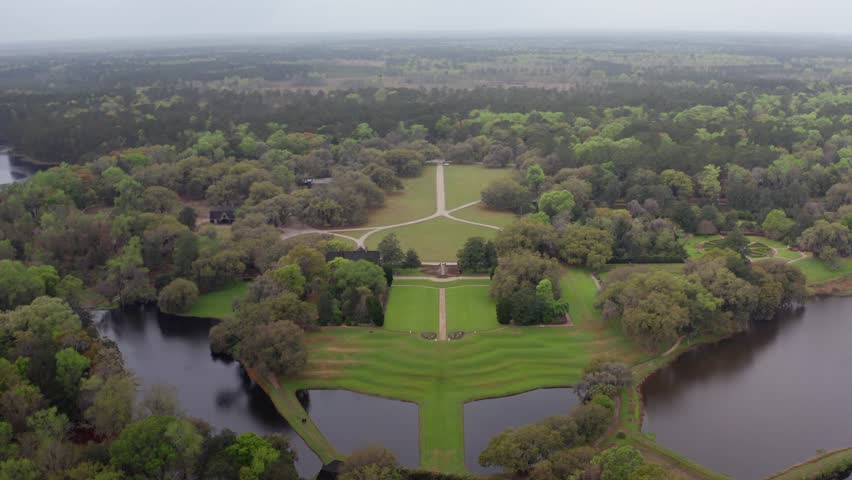 Descending close-up aerial shot of historic Middleton Place Plantation in the low country of South Carolina. 4K