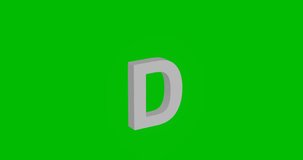 Animation of rotation of a white capital letter D symbol with shadow. Simple and complex rotation. Seamless looped 4k animation on green chroma key background