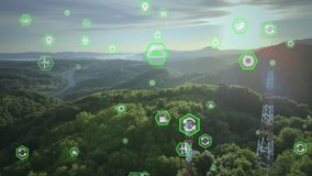 Sustainable network communication icons on aerial of 5G telecommunication towers - Powered by Shutterstock - Get 15% off with code: PIKWIZARD15