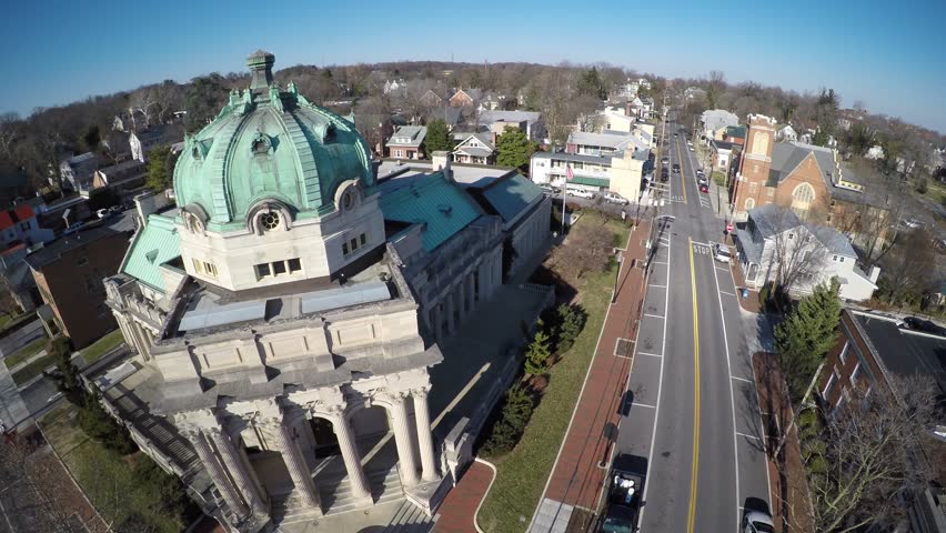 Static and rising aerial in front of the Handley Library in Winchester, VA.