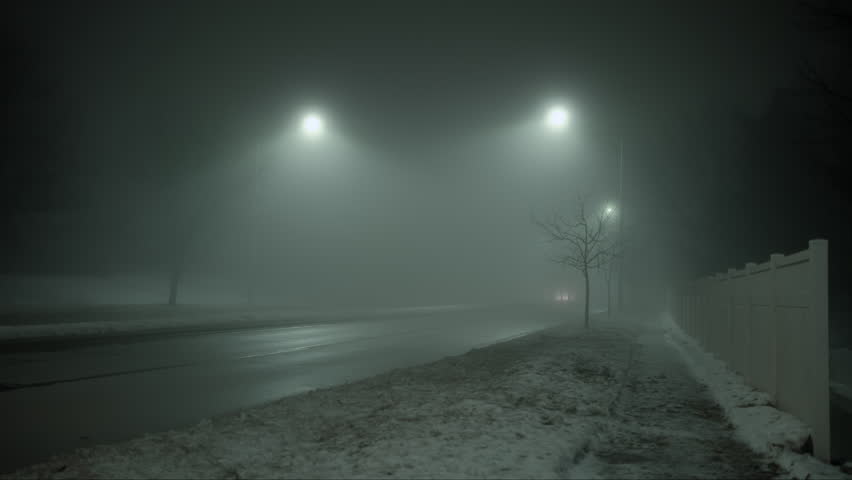 Wide shot of Dark street whit light and car at night with heavy fog Royalty-Free Stock Footage #3473575055