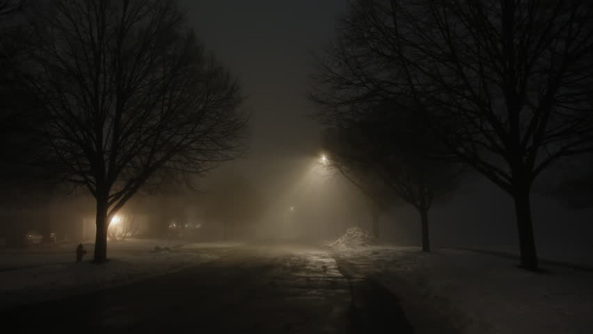 Wide shot of Dark street whit light at night with heavy fog Royalty-Free Stock Footage #3473575821