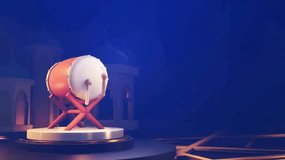Selamat hari raya idul fitri. Translation: Happy Eid al Fitr. Animated 3D realistic bedug (Indonesian drum) with golden lantern on blue background