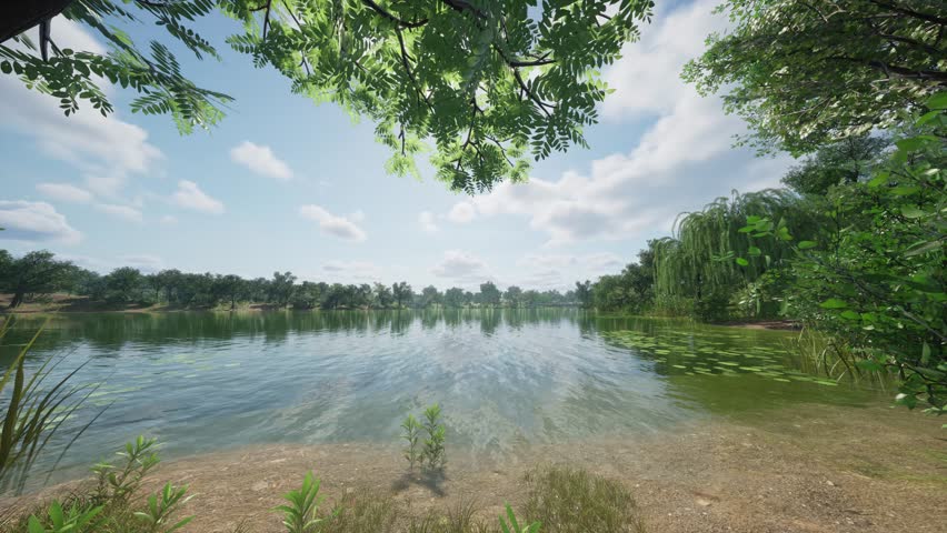 A light breeze on the shore of the lake in the park. Lush green trees grow along the banks of the tranquil lake, creating a peaceful atmosphere. Royalty-Free Stock Footage #3473663063