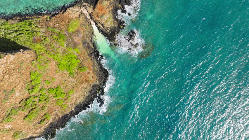 Top down aerial of unique environment on Hawaii island. Famous landmark island named China man hat. Still shot of Mokolii volcanic island aerial on sunny summer day.Oahu travel destination USA tourism Royalty-Free Stock Footage #3473670721