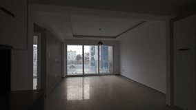 Explore spacious modern apartment interior: empty living space, large windows, city view. Ideal for real estate agents, interior design content, remote work backdrop, home visuals, housing market. - Powered by Shutterstock - Get 15% off with code: PIKWIZARD15