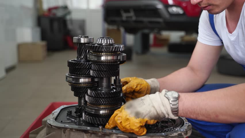 Auto mechanic repairs manual transmission, fixes gearbox fork in service station. Wearing gloves, technician restores car part, vehicle maintenance. Workshop job, skilled worker clutch assembly.